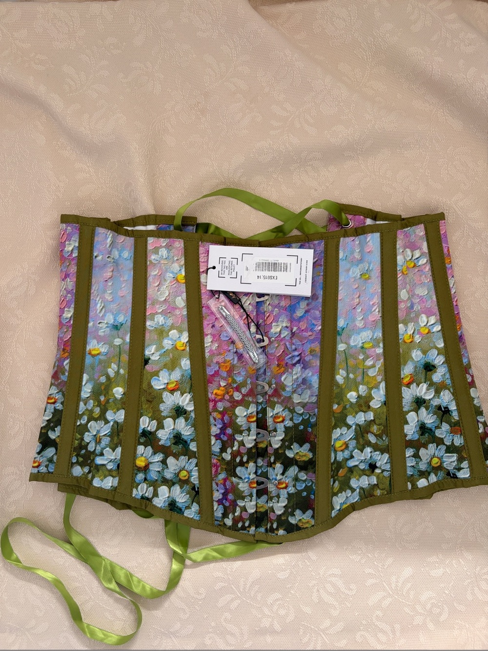 Floral Painted Green Ribbon Corset Waist Cincher